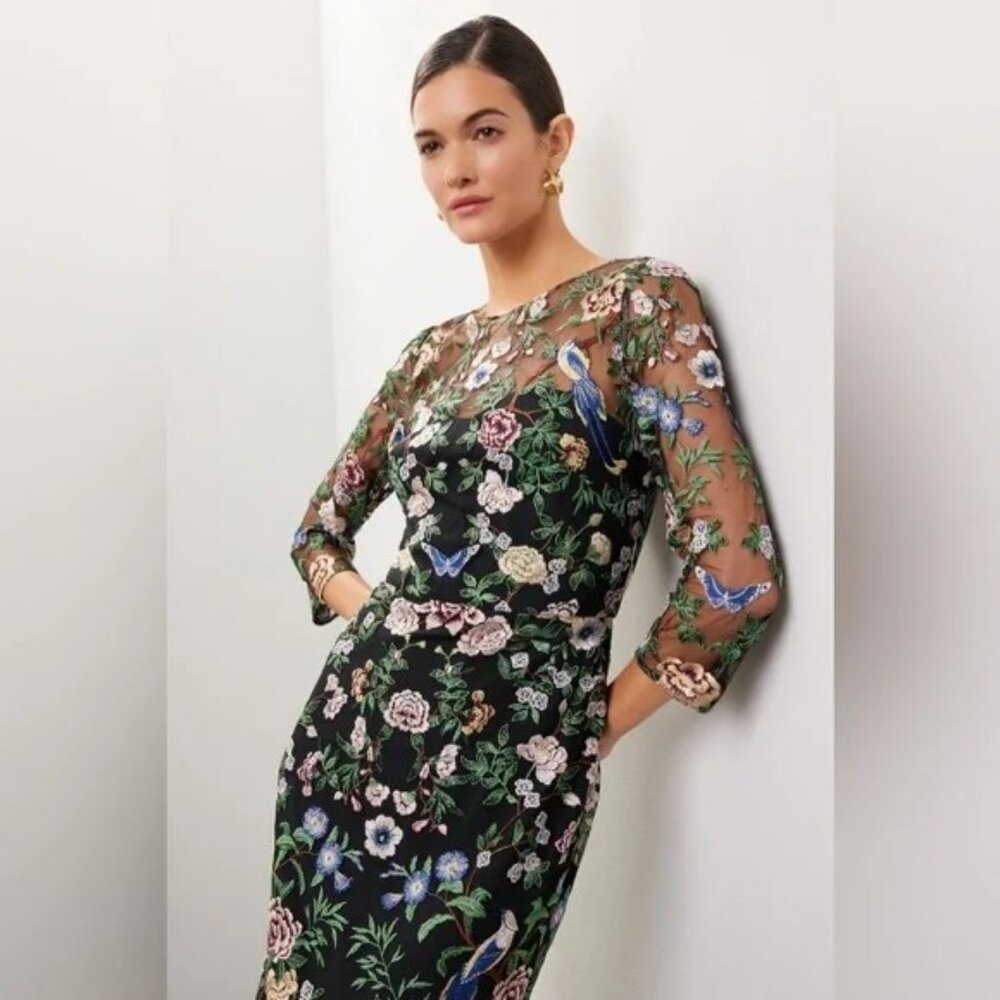 NWT Marchesa Notte Floral Embroidered On Tulle Midi Dress Size 10 - Picture 5 of 8